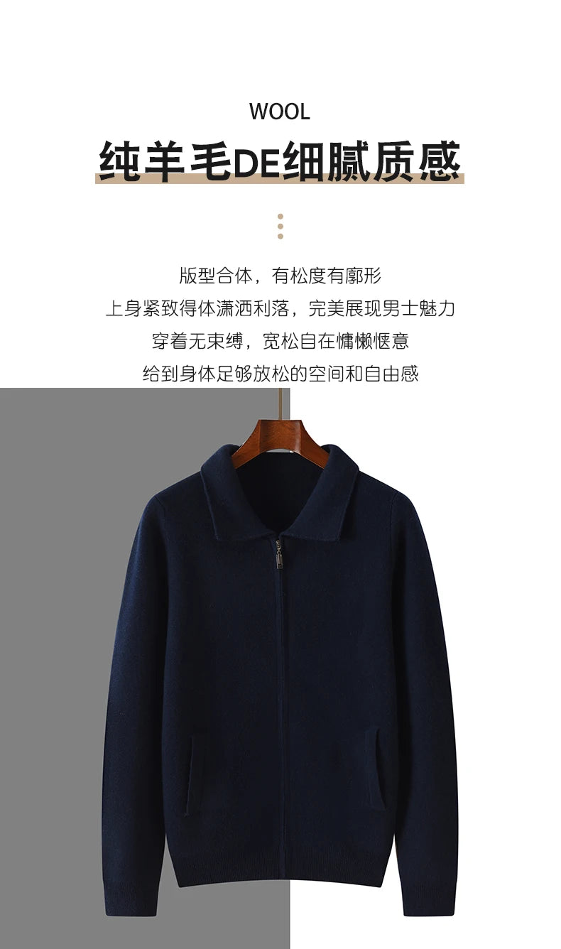 Suéter 100% Lana Merino para Hombre, Cuello Polo, Cierre de Cremallera, Cártigan de Negocios, Chaqueta de Cachemira, Tejido para Otoño Invierno