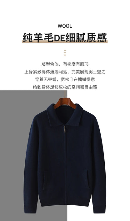 Suéter 100% Lana Merino para Hombre, Cuello Polo, Cierre de Cremallera, Cártigan de Negocios, Chaqueta de Cachemira, Tejido para Otoño Invierno