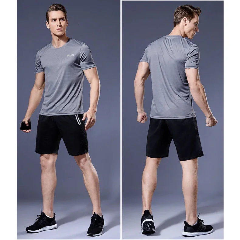 Camiseta de verano elástica para hombre, transpirable, de seda helada, de manga corta, casual, de secado rápido, para gimnasio, correr, ropa masculina