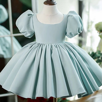 Nuevo vestido de fiesta de cumpleaños para niña con mangas de burbuja de color sólido, vestido de princesa para anfitriona infantil, vestido de boda floral abullonado para niños