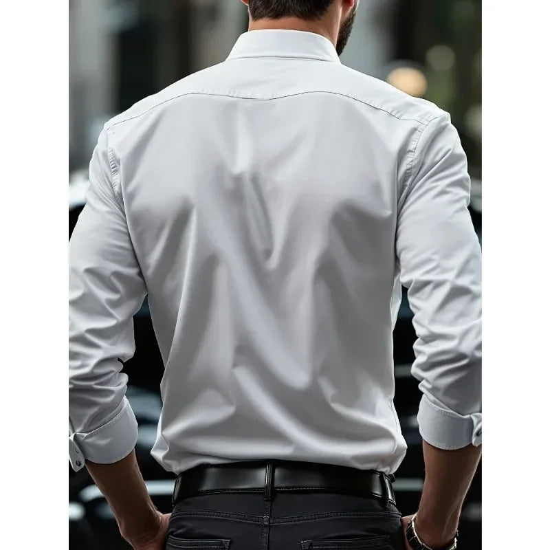 Camisas de negocios para hombre elásticas para las cuatro estaciones, de manga larga, de color sólido, elegantes, informales, de la marca 2025