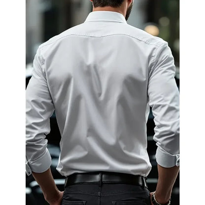 Camisas de negocios para hombre elásticas para las cuatro estaciones, de manga larga, de color sólido, elegantes, informales, de la marca 2025