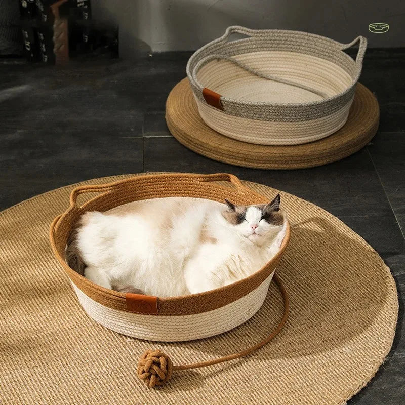 Cama para Gatos, Nido para Mascotas, Tejido de Ratán Puramente Manual, Tablero Rascador para Gatos de Enea, Almohadilla Cálida de Invierno Extraíble y Lavable para Todas las Estaciones