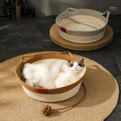 Cama para Gatos, Nido para Mascotas, Tejido de Ratán Puramente Manual, Tablero Rascador para Gatos de Enea, Almohadilla Cálida de Invierno Extraíble y Lavable para Todas las Estaciones