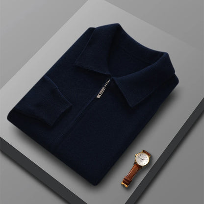 Suéter 100% Lana Merino para Hombre, Cuello Polo, Cierre de Cremallera, Cártigan de Negocios, Chaqueta de Cachemira, Tejido para Otoño Invierno