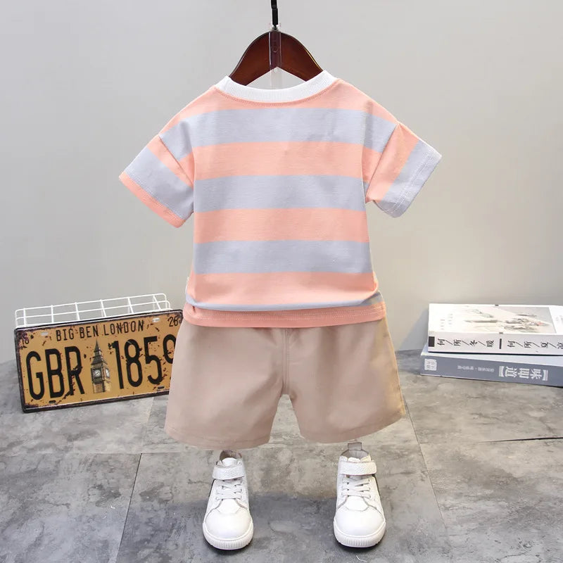Ropa de verano para niños, camisetas informales de algodón a rayas, pantalones cortos, conjunto de 2 piezas, atuendo infantil para niños pequeños, chándales de 0 a 5 años
