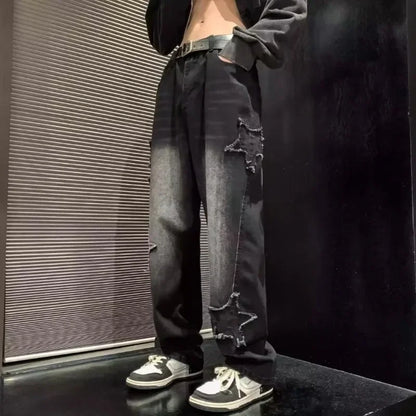 Pantalones de mezclilla marrones 2025 New Fashion Stars Towel Embroidery para hombre Y2K Ropa Pantalones rectos de algodón Hip Hop Pantalones de hombre