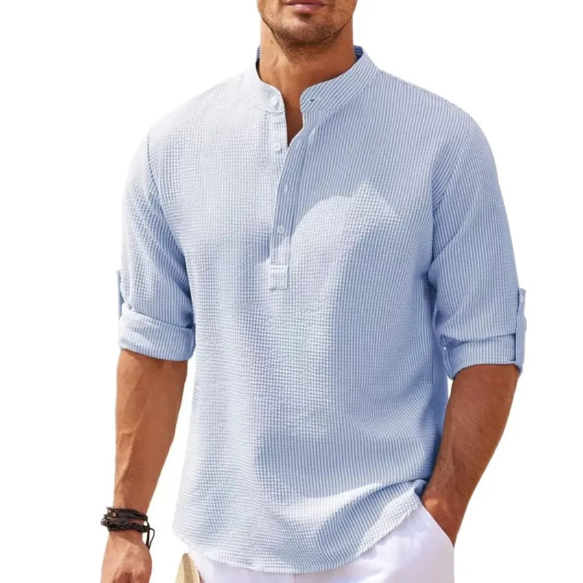 Spring Summer Men's Cotton Linen Polo Shirts Casual Long Sleeve Lightweight Henley Neck Solid Color Tops  Beach Shirts Fashion