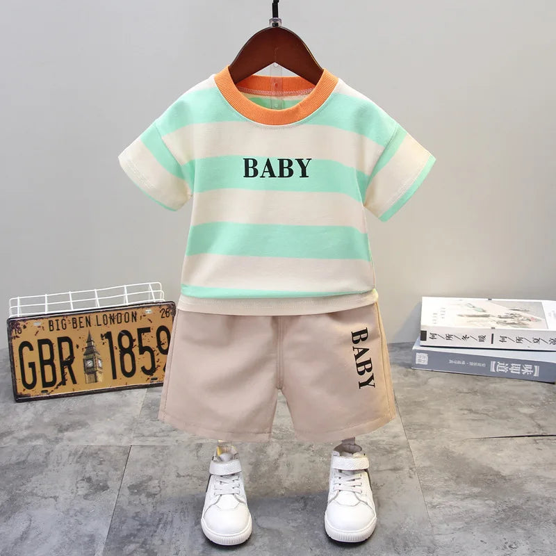Ropa de verano para niños, camisetas informales de algodón a rayas, pantalones cortos, conjunto de 2 piezas, atuendo infantil para niños pequeños, chándales de 0 a 5 años