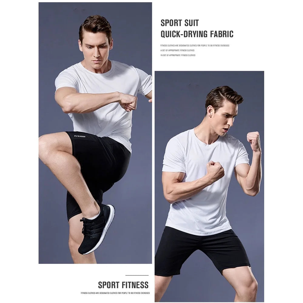 Camiseta de verano elástica para hombre, transpirable, de seda helada, de manga corta, casual, de secado rápido, para gimnasio, correr, ropa masculina