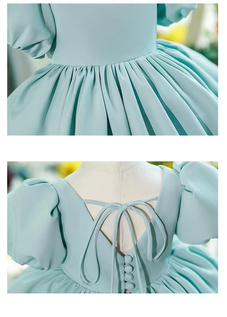 Nuevo vestido de fiesta de cumpleaños para niña con mangas de burbuja de color sólido, vestido de princesa para anfitriona infantil, vestido de boda floral abullonado para niños