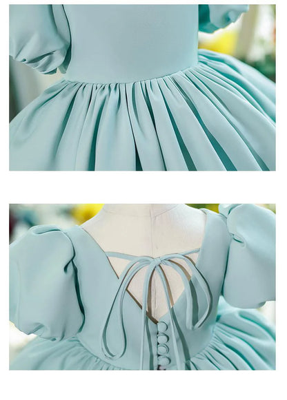 Nuevo vestido de fiesta de cumpleaños para niña con mangas de burbuja de color sólido, vestido de princesa para anfitriona infantil, vestido de boda floral abullonado para niños
