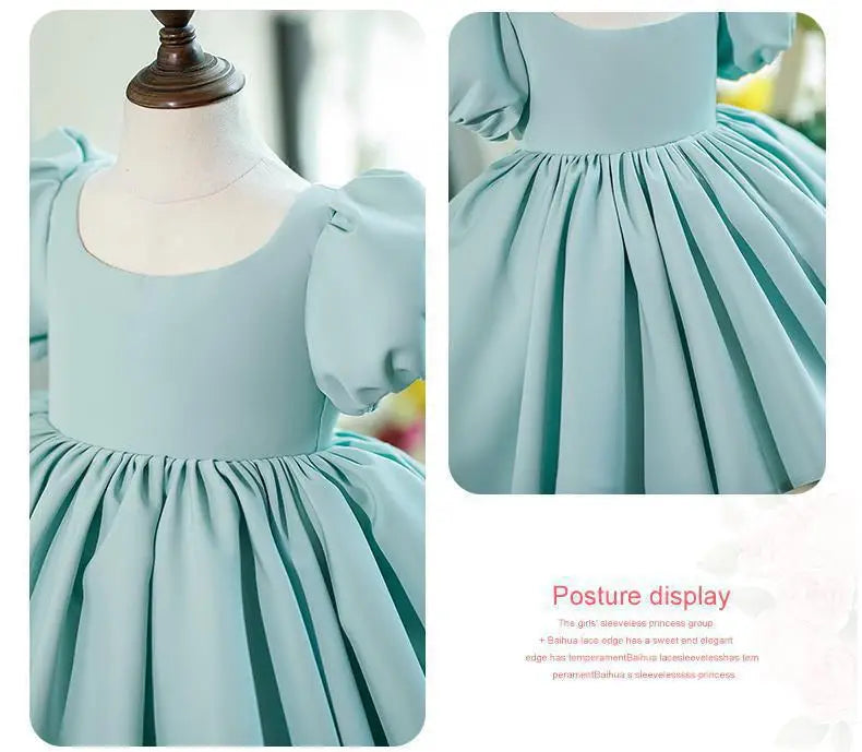 Nuevo vestido de fiesta de cumpleaños para niña con mangas de burbuja de color sólido, vestido de princesa para anfitriona infantil, vestido de boda floral abullonado para niños