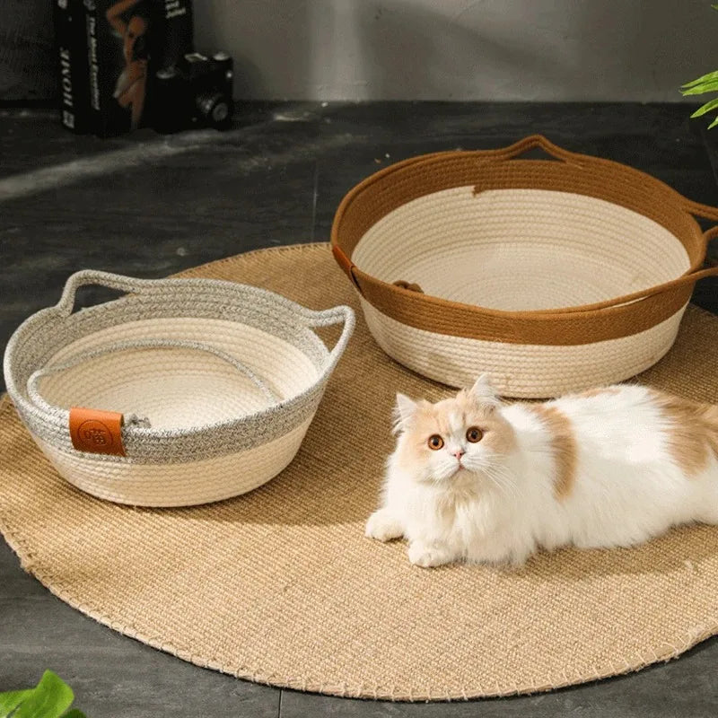 Cama para Gatos, Nido para Mascotas, Tejido de Ratán Puramente Manual, Tablero Rascador para Gatos de Enea, Almohadilla Cálida de Invierno Extraíble y Lavable para Todas las Estaciones