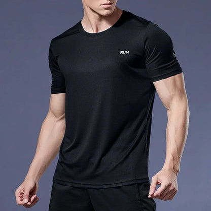 Camiseta de verano elástica para hombre, transpirable, de seda helada, de manga corta, casual, de secado rápido, para gimnasio, correr, ropa masculina