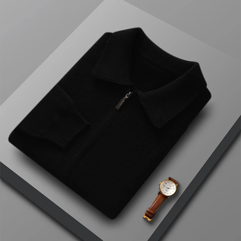 Suéter 100% Lana Merino para Hombre, Cuello Polo, Cierre de Cremallera, Cártigan de Negocios, Chaqueta de Cachemira, Tejido para Otoño Invierno