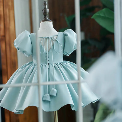 Nuevo vestido de fiesta de cumpleaños para niña con mangas de burbuja de color sólido, vestido de princesa para anfitriona infantil, vestido de boda floral abullonado para niños