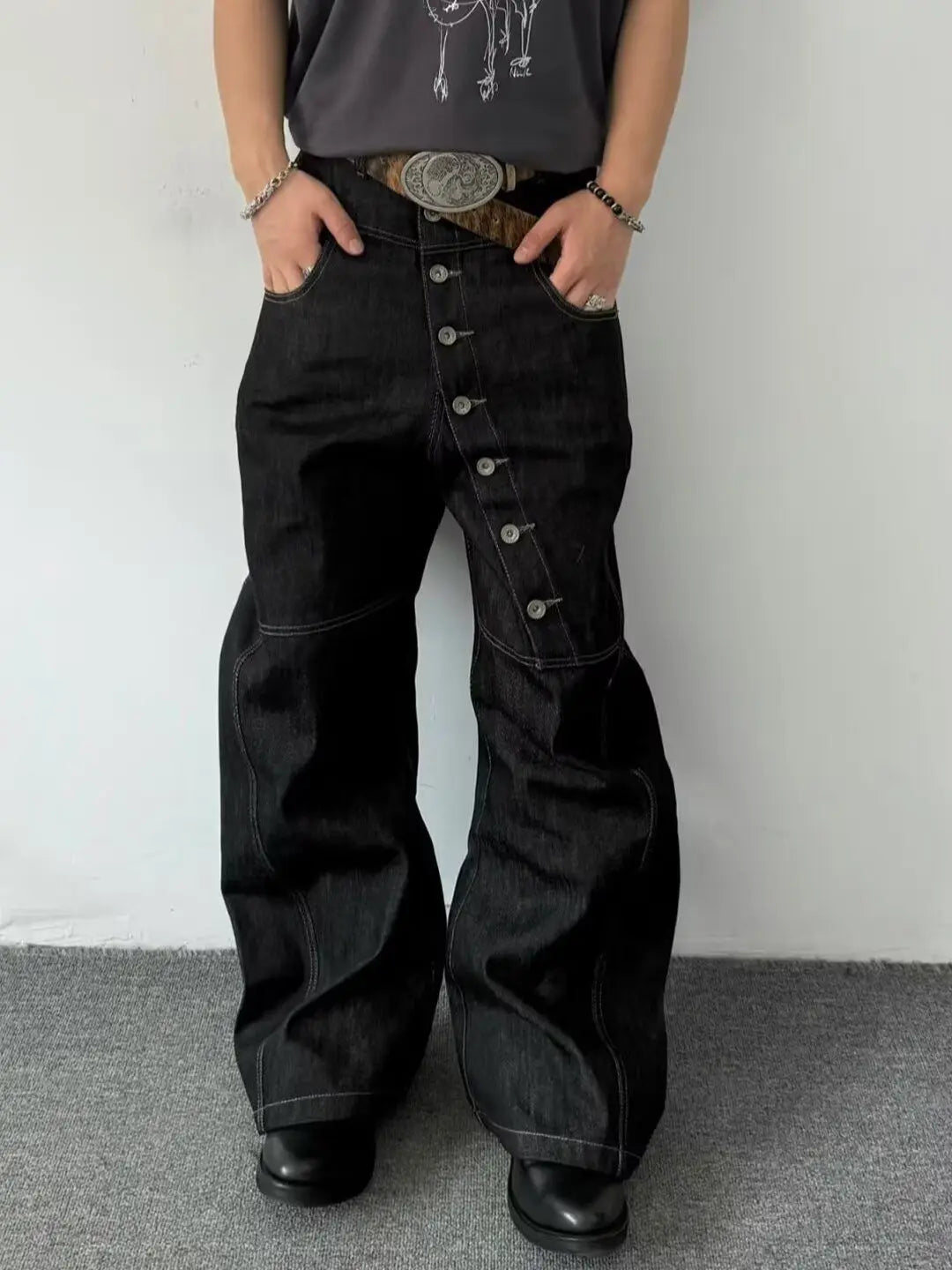 American Retro Long Row Button Design Jeans Men's High Street Loose Wide Leg Floor-Length Trousers Trendy Straight Leg Jeans