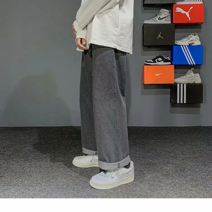 Nuevos pantalones vaqueros coreanos holgados para hombre, de calle, rectos, de mezclilla, de pierna ancha, Hip Hop, holgados, azul claro, gris, negro