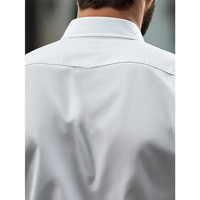 Camisas de negocios para hombre elásticas para las cuatro estaciones, de manga larga, de color sólido, elegantes, informales, de la marca 2025
