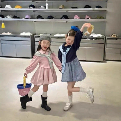 2025 Corea Niñas Bebé Vestido Verano Primavera Otoño Cuadros Retazos Vestidos Casuales Moda Niños Ropa Vestidos