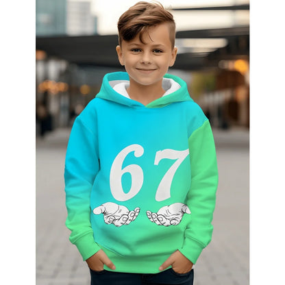 Ropa infantil Sudadera con capucha divertida con el número "67" para niños, sudadera informal deportiva de manga larga con capucha y tops para niños