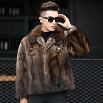 Abrigo de Piel de Visón de Lujo para Hombre, Chaqueta de Abrigo de Piel de Zorro Gruesa de Invierno, Abrigo de Piel Corto, de Moda y Cómodo, con Cuello Doblado
