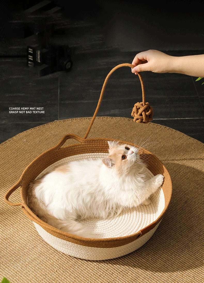 Cama para Gatos, Nido para Mascotas, Tejido de Ratán Puramente Manual, Tablero Rascador para Gatos de Enea, Almohadilla Cálida de Invierno Extraíble y Lavable para Todas las Estaciones