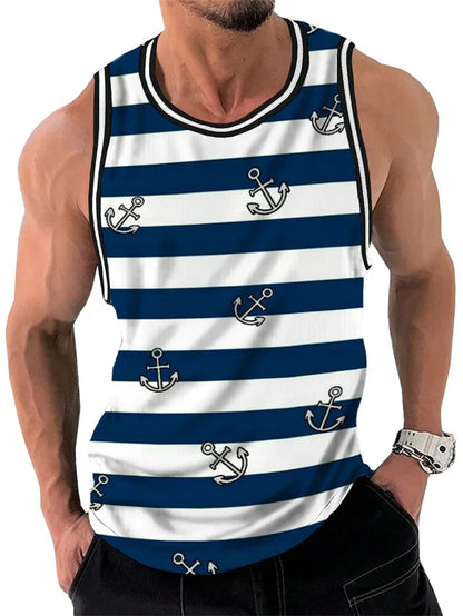 Camisetas sin mangas con estampado de rayas retro para hombre, estilo casual de verano sin mangas con estampado 3D, chaleco suelto de secado rápido, transpirable
