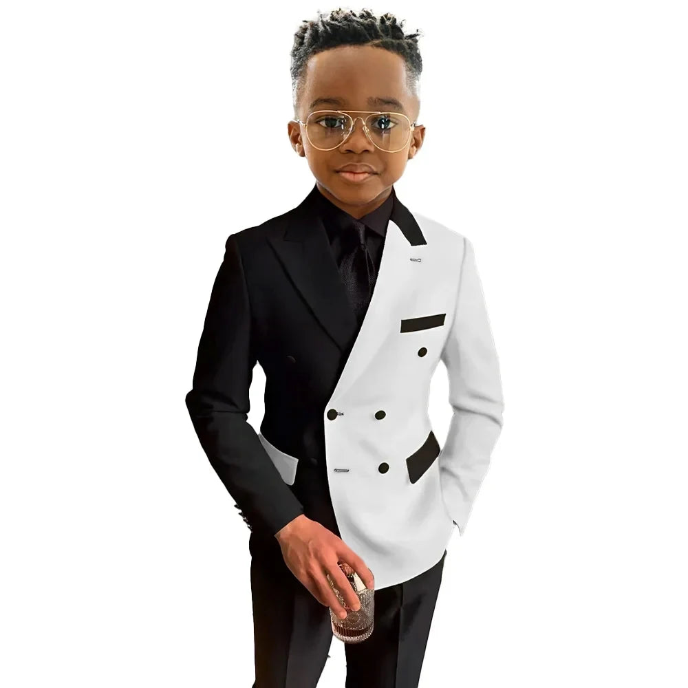 Traje de niño blanco y azul real, conjunto de 2 piezas, esmoquin para fiesta de moda y boda, blazer para niños de 3 a 16 años, ropa de doble botonadura