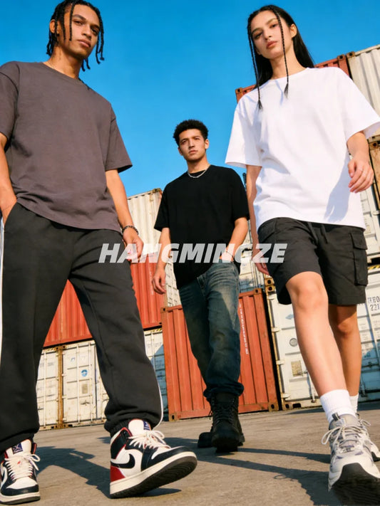 Paquete de 3 camisetas de algodón pesado americano 230GSM de manga corta para hombres y mujeres, color liso, cuello redondo, holgadas, tops para parejas, camiseta oversize