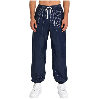 Pantalones Holgados Brillantes para Hombre Y2K con Cordón en la Cintura, Elástico en la Cintura, Bolsillos Laterales, Pantalones de Chándal Holgados y Brillantes, Disfraces de Hip Hop