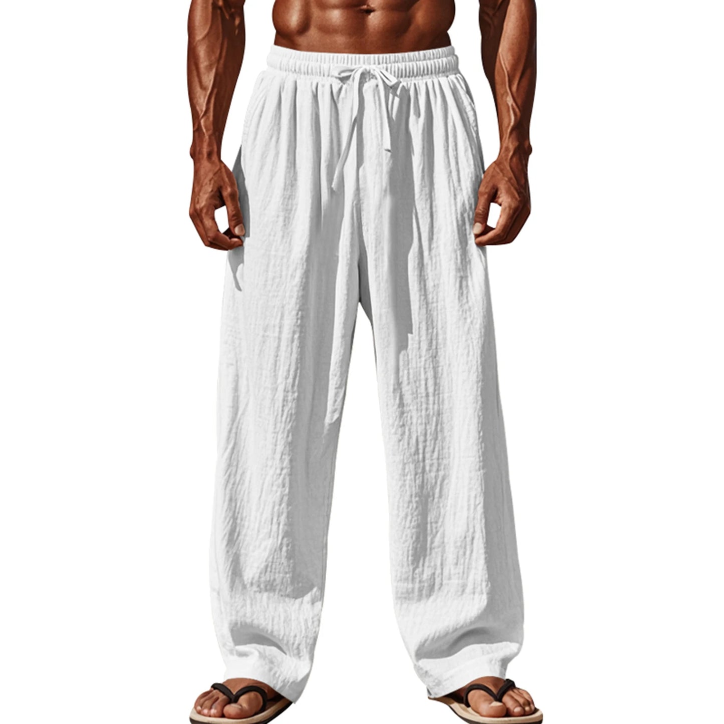 Pantalones ligeros de lino para hombre con cintura elástica y corte relajado, ideales para vacaciones de verano en la playa o uso casual