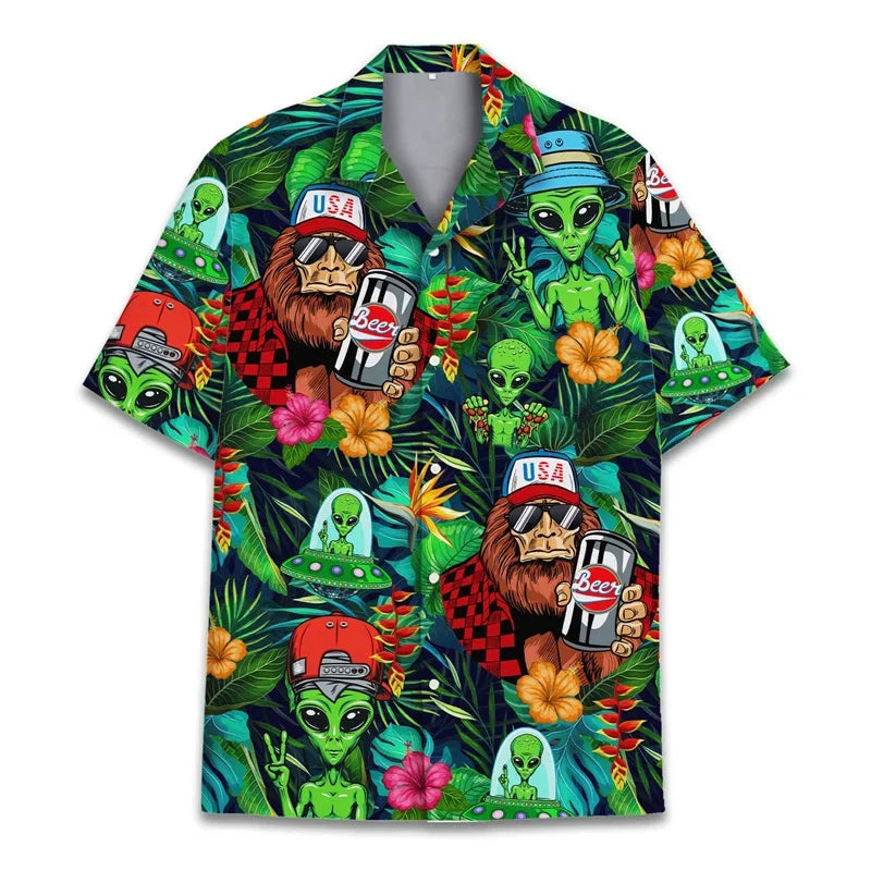 3D Printed Monkey Floral Leaf Hawaiian Shirt Men Orangutan Graphic Blouse Summer Holiday Short Sleeves Street Beach Aloha Shirts