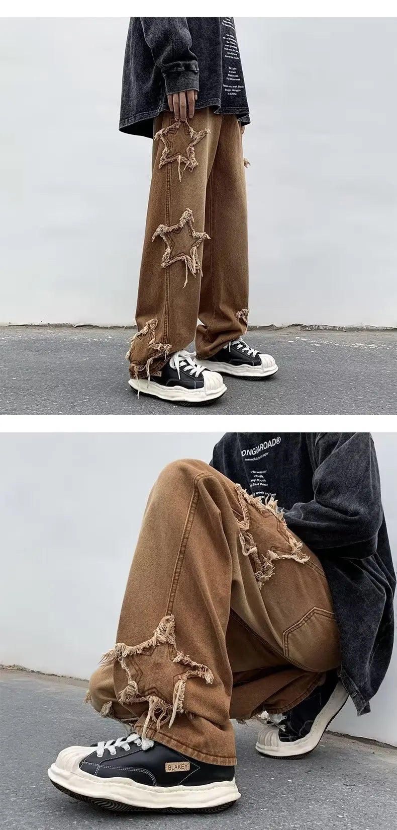 Pantalones de mezclilla marrones 2025 New Fashion Stars Towel Embroidery para hombre Y2K Ropa Pantalones rectos de algodón Hip Hop Pantalones de hombre