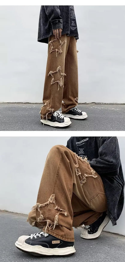 Pantalones de mezclilla marrones 2025 New Fashion Stars Towel Embroidery para hombre Y2K Ropa Pantalones rectos de algodón Hip Hop Pantalones de hombre