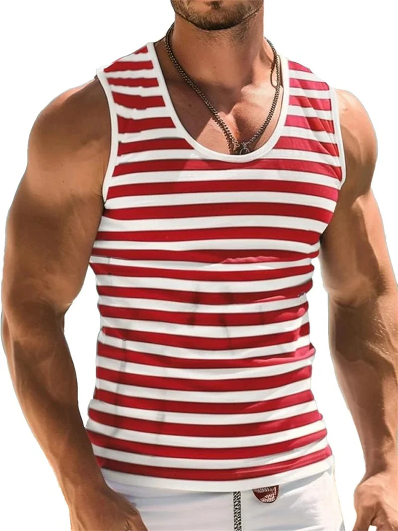 Camisetas sin mangas con estampado de rayas retro para hombre, estilo casual de verano sin mangas con estampado 3D, chaleco suelto de secado rápido, transpirable