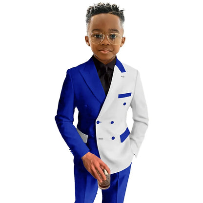 Traje de niño blanco y azul real, conjunto de 2 piezas, esmoquin para fiesta de moda y boda, blazer para niños de 3 a 16 años, ropa de doble botonadura