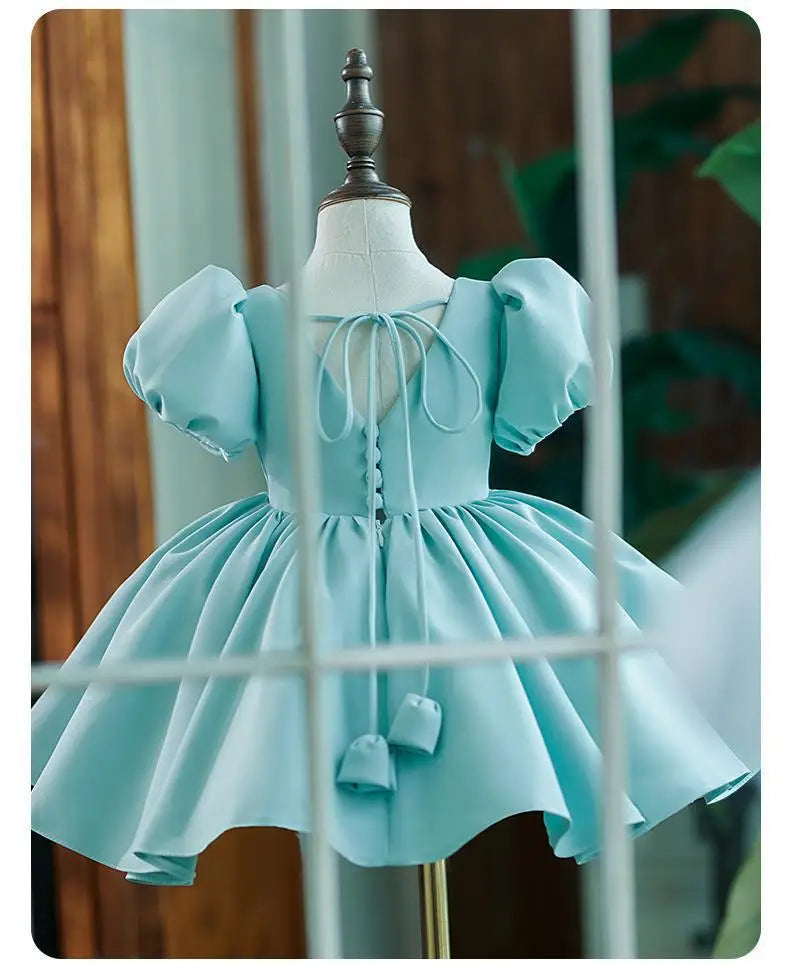 Nuevo vestido de fiesta de cumpleaños para niña con mangas de burbuja de color sólido, vestido de princesa para anfitriona infantil, vestido de boda floral abullonado para niños