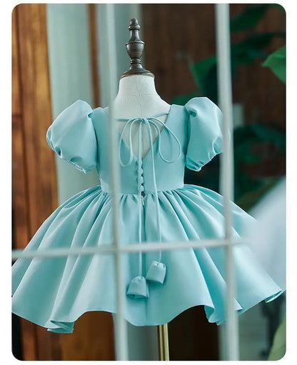 Nuevo vestido de fiesta de cumpleaños para niña con mangas de burbuja de color sólido, vestido de princesa para anfitriona infantil, vestido de boda floral abullonado para niños