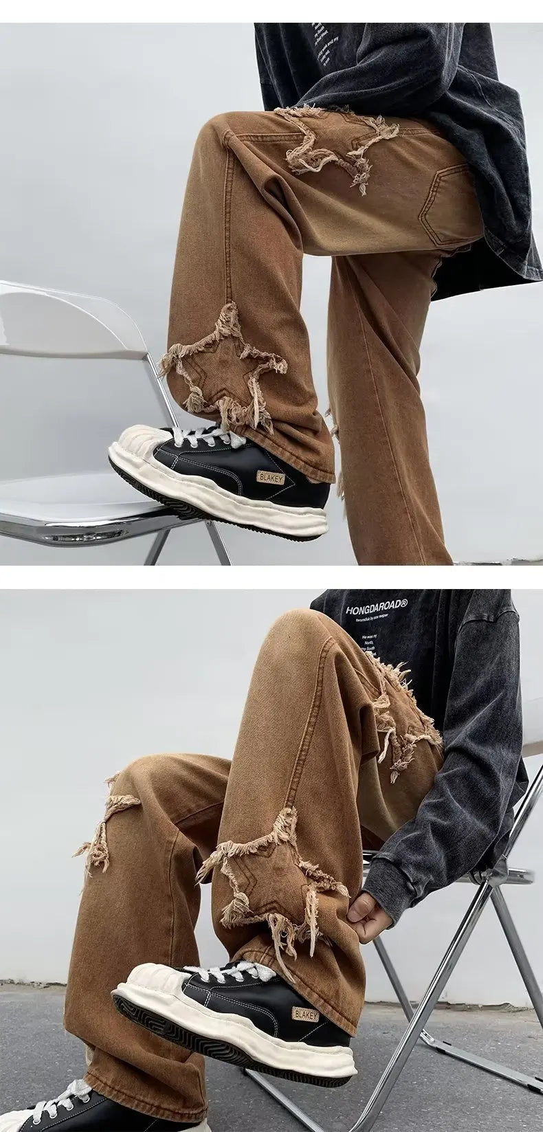 Pantalones de mezclilla marrones 2025 New Fashion Stars Towel Embroidery para hombre Y2K Ropa Pantalones rectos de algodón Hip Hop Pantalones de hombre