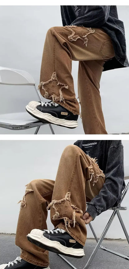 Pantalones de mezclilla marrones 2025 New Fashion Stars Towel Embroidery para hombre Y2K Ropa Pantalones rectos de algodón Hip Hop Pantalones de hombre