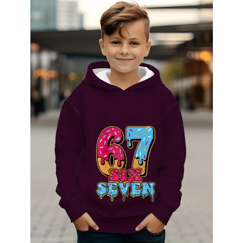 Ropa infantil Sudadera con capucha divertida con el número "67" para niños, sudadera informal deportiva de manga larga con capucha y tops para niños