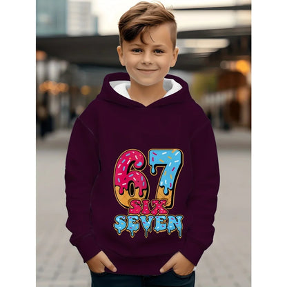 Ropa infantil Sudadera con capucha divertida con el número "67" para niños, sudadera informal deportiva de manga larga con capucha y tops para niños