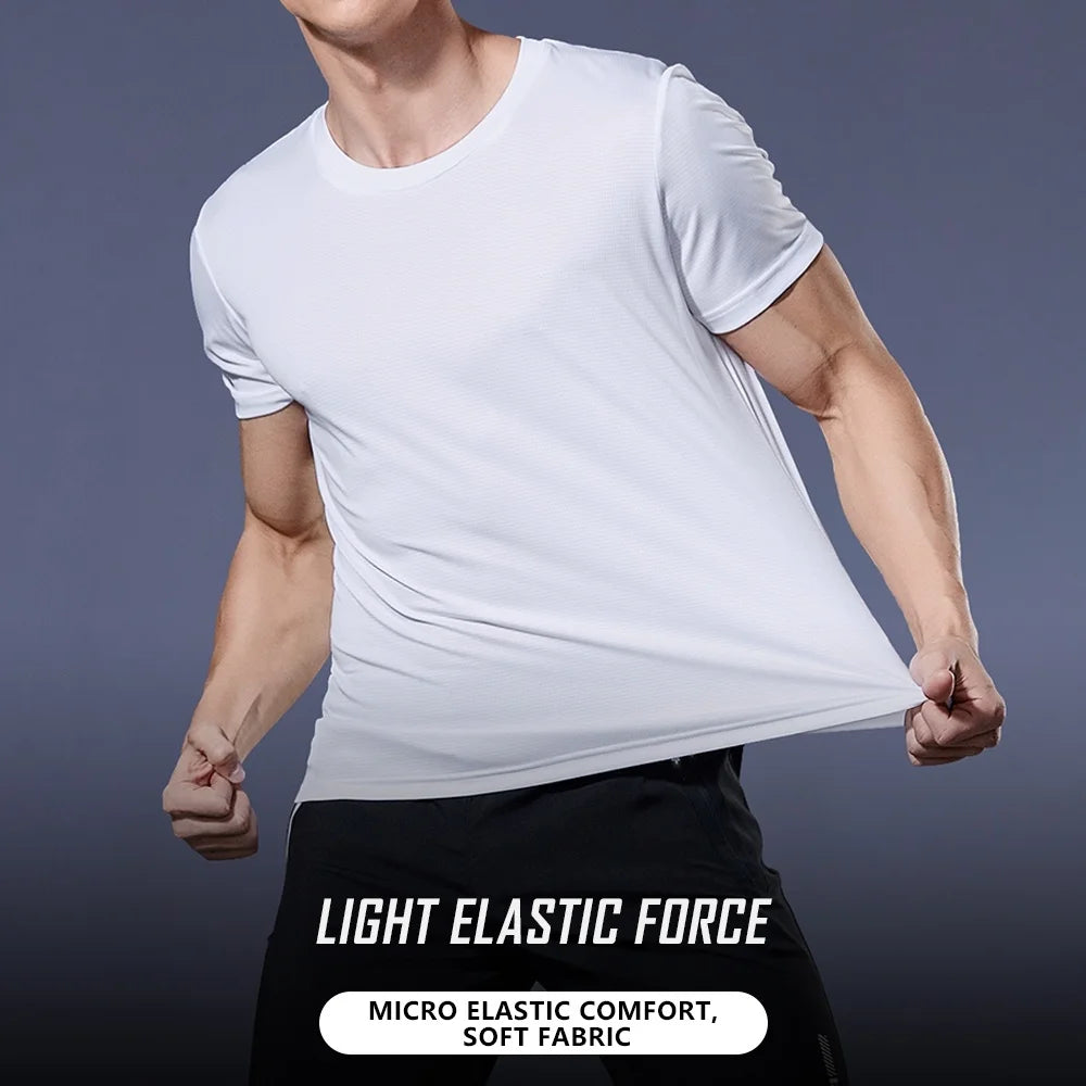 Camiseta de verano elástica para hombre, transpirable, de seda helada, de manga corta, casual, de secado rápido, para gimnasio, correr, ropa masculina