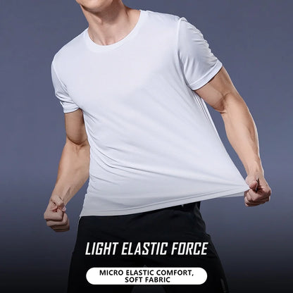 Camiseta de verano elástica para hombre, transpirable, de seda helada, de manga corta, casual, de secado rápido, para gimnasio, correr, ropa masculina