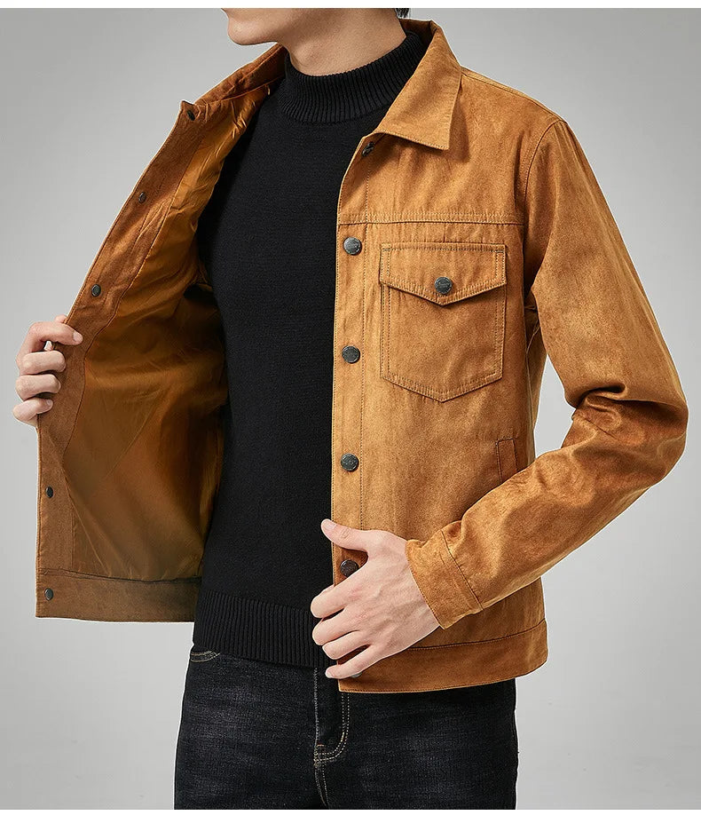 Chaqueta estilo británico de primavera y otoño para hombre, chaqueta informal de gamuza, moderna con botones, personalidad informal, ropa nueva para hombre.