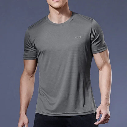 Camiseta de verano elástica para hombre, transpirable, de seda helada, de manga corta, casual, de secado rápido, para gimnasio, correr, ropa masculina