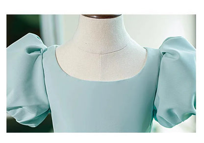 Nuevo vestido de fiesta de cumpleaños para niña con mangas de burbuja de color sólido, vestido de princesa para anfitriona infantil, vestido de boda floral abullonado para niños