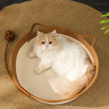 Cama para Gatos, Nido para Mascotas, Tejido de Ratán Puramente Manual, Tablero Rascador para Gatos de Enea, Almohadilla Cálida de Invierno Extraíble y Lavable para Todas las Estaciones
